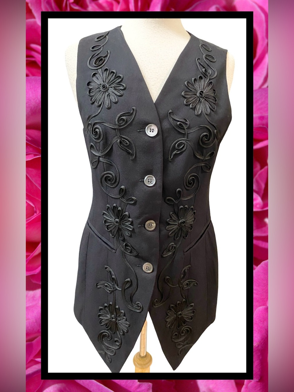 ABS Black Crepe Long Vest Top Soutache Ribbon Floral Embellishments  Sz 8 NEW